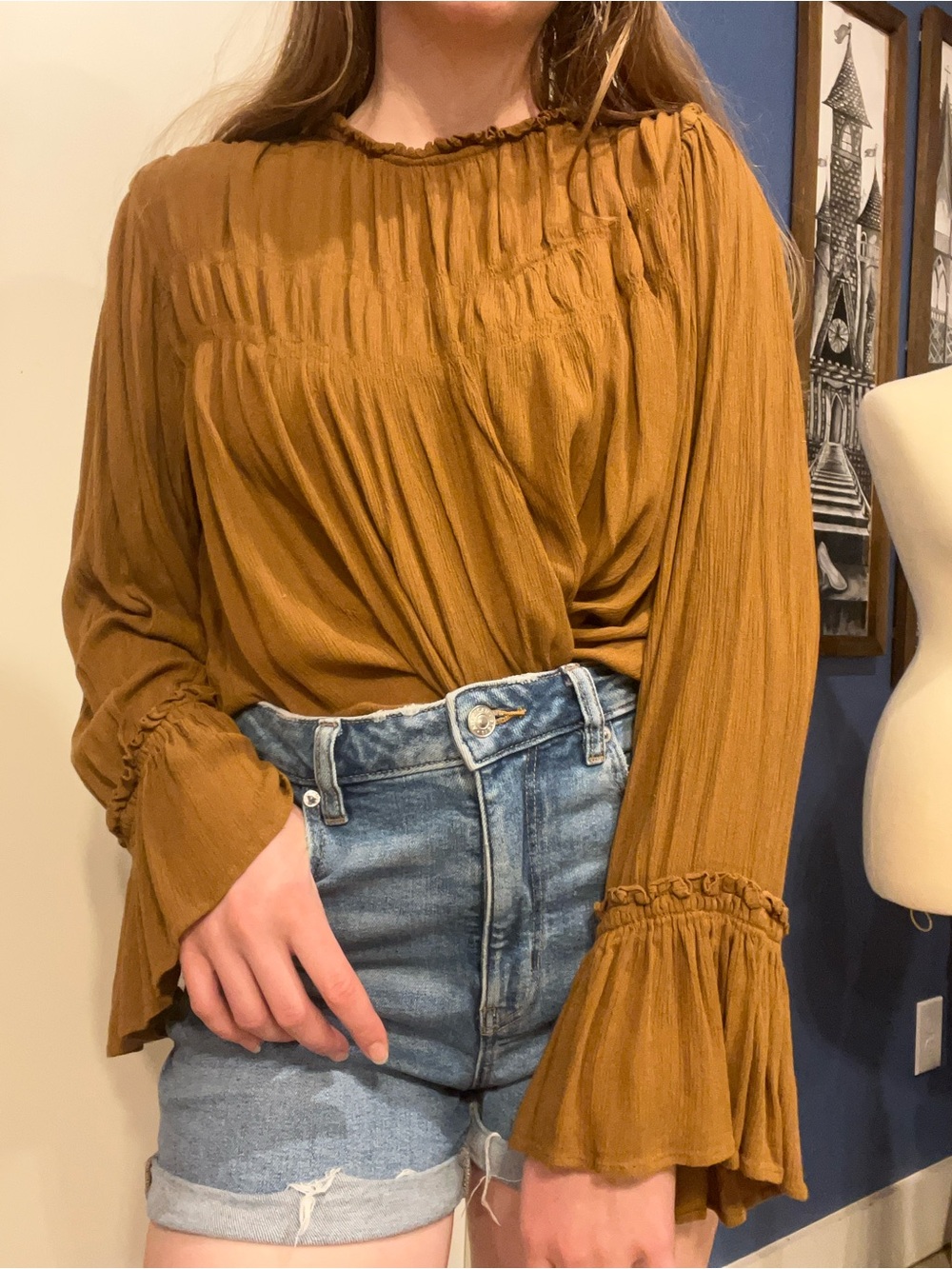 Free People Mustard/Brown Smocked Yoke Ruffle Cuff Blouse